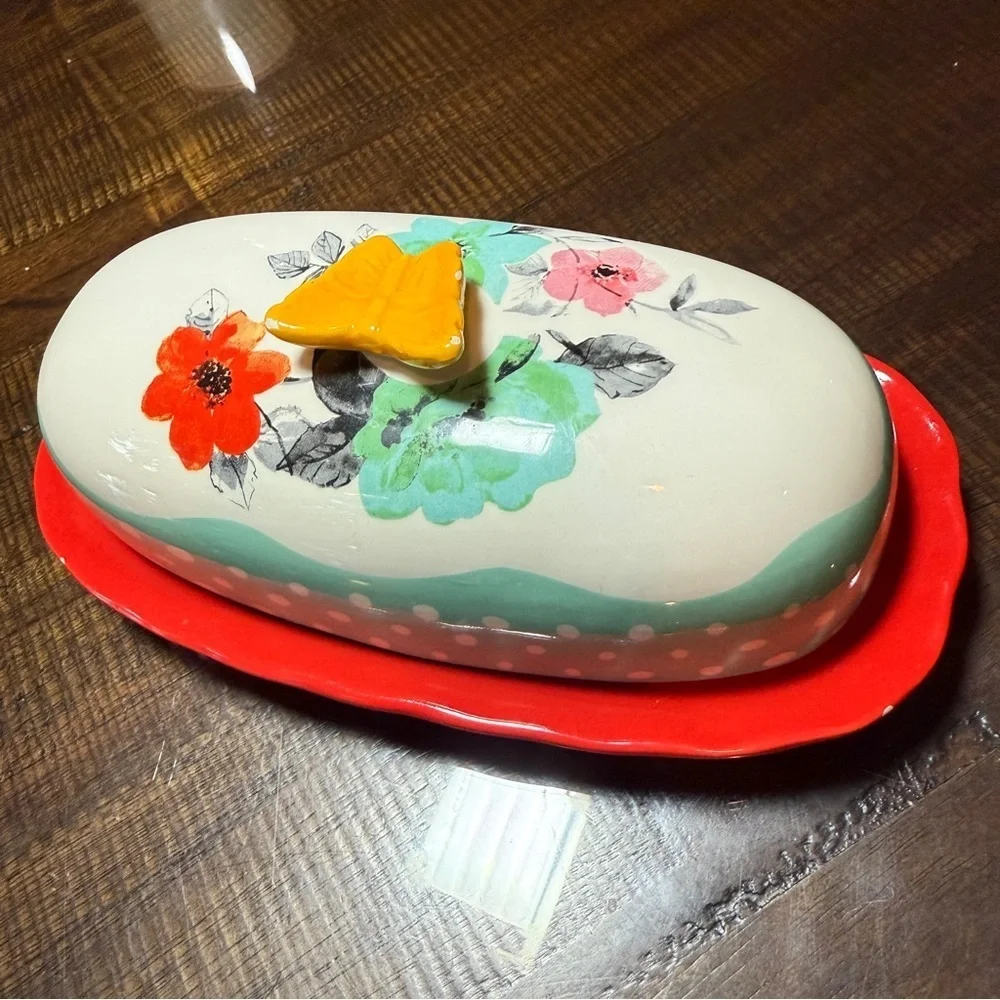 Pioneer Woman Floral Ceramic Butter Dish with Butterfly Accent CottageCore Farm